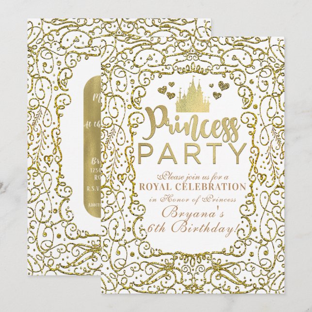 Invitación Castillo Real Blanco y Dorado FIESTA DE PRINCESA C (Anverso / Reverso)