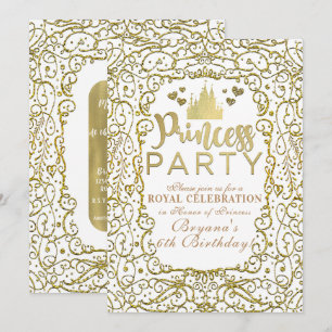 Invitación Castillo Real Blanco y Dorado FIESTA DE PRINCESA C