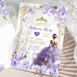 Invitación Castillo Real de Oro Mariposa Morada Floral 15 Año