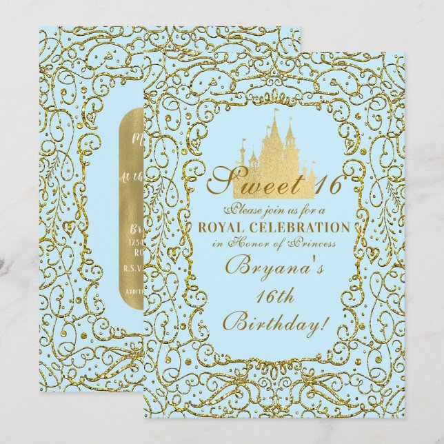 Invitación Castillo Real Princesa Dulces 16 Azul Claro y Dora (Anverso / Reverso)