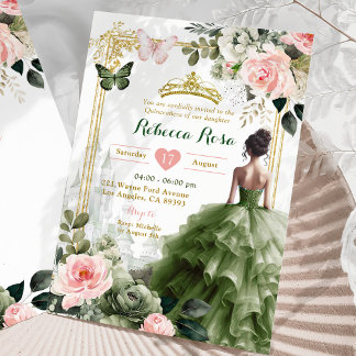 Invitación Castillo Real Rubor Pink Sage Green Quinceañera