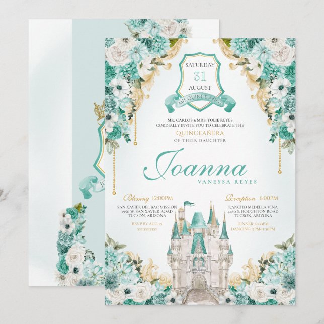 Invitación Castillo Real Turquesa Floral Princesa Quinceanera (Anverso / Reverso)