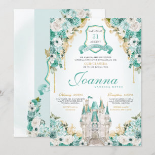 Invitación Castillo Real Turquesa Floral Princesa Quinceanera