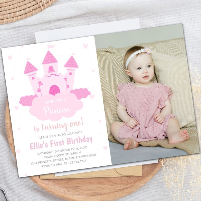 Invitación Castillo rosa bajo la foto de cumpleaños de CloudP (Pink Castle under CloudPrincess Birthday photo Invitation)