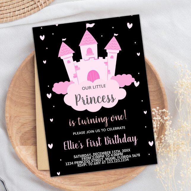 Invitación Castillo Rosa Negro bajo el cumpleaños de la princ (Black Pink Castle under Cloud Princess Birthday Invitation)