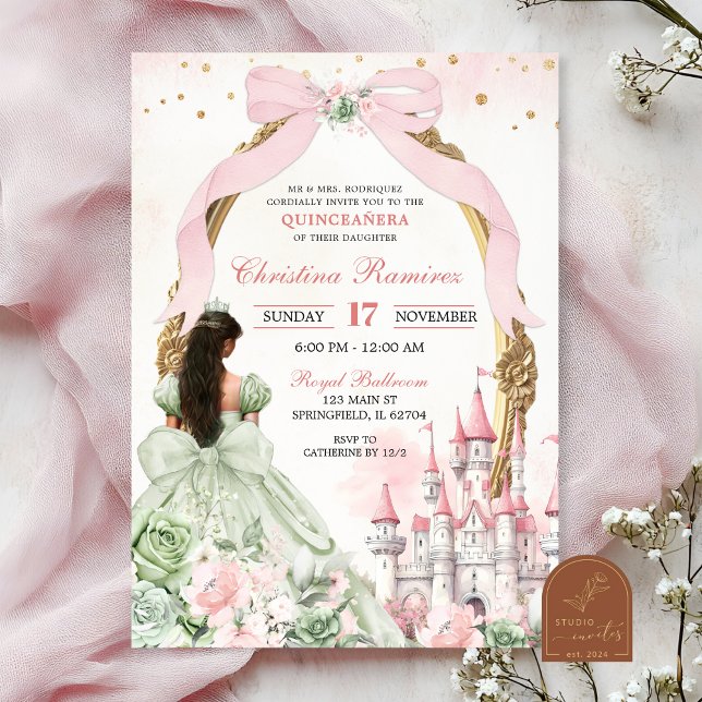 Invitación Castillo Sage and Rubor Pink Coquette Bow Fairytal (Subido por el creador)
