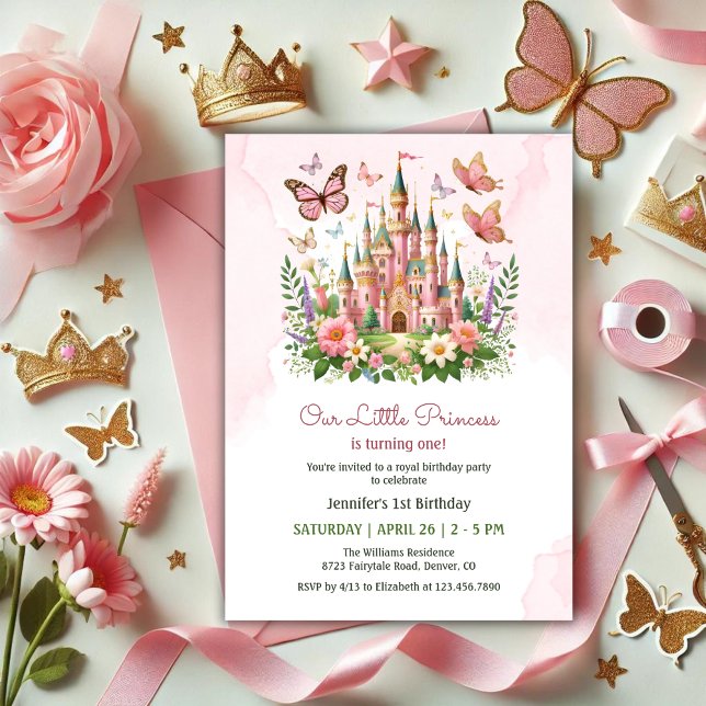 Invitación Castillo Whimsical Rosa Pequeña Princesa Primer Cu (Pink Whimsical Castle Little Princess 1st Birthday Invitation)
