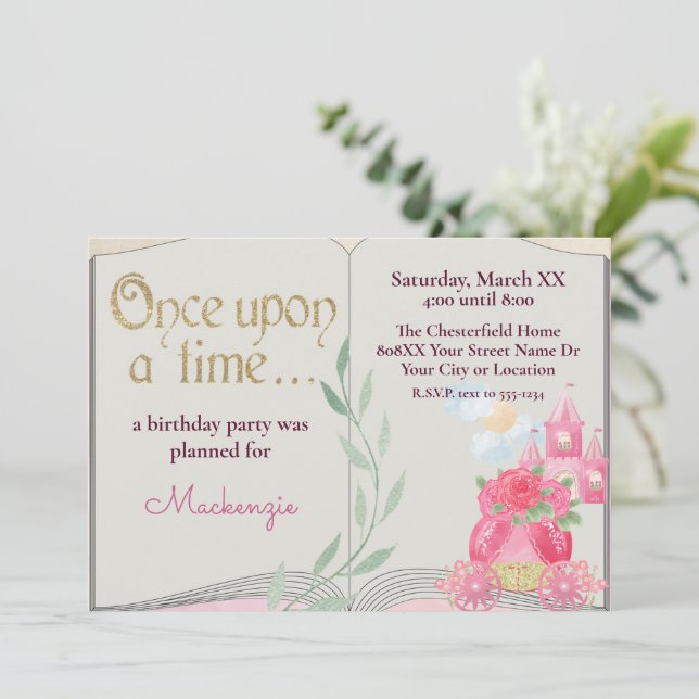 Invitación Castillo y Carruaje de la Princesa Rosa Libro de C (Anverso de pie)