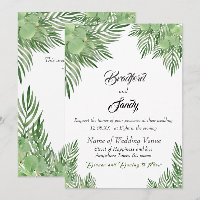 Invitación Casual Beach Wedding Hojas verdes de eucalipto Pal (Anverso / Reverso)