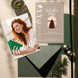 Invitación Casual Beige Dos Foto Graduada Senior