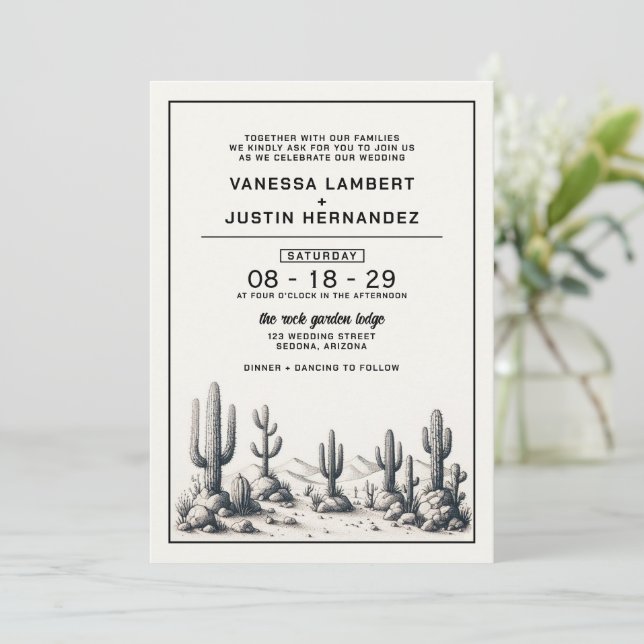 Invitación Casual Cactus Boda (Anverso de pie)