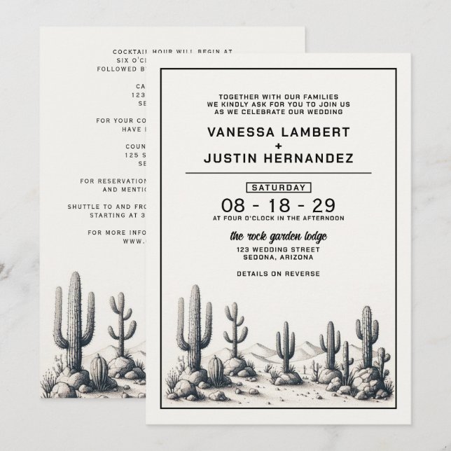 Invitación Casual Cactus Boda con detalles (Anverso / Reverso)