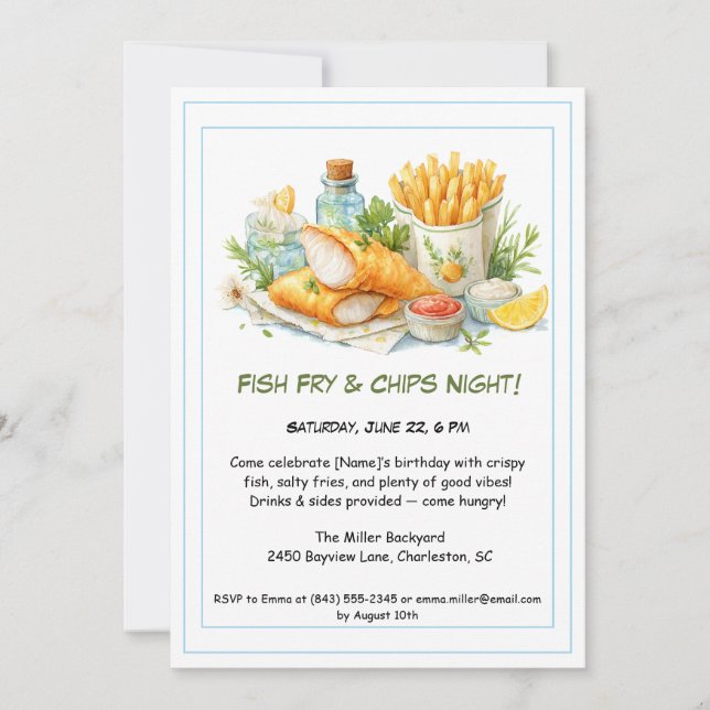 Invitación Casual Mariscos - Cumpleaños de Fritura de Pescado (Anverso)