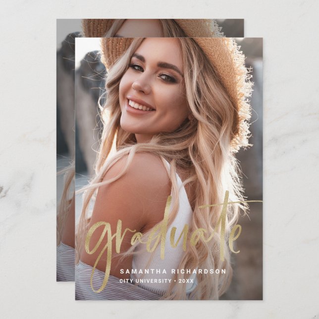 Invitación Casual Script Gold | Dos fiestas de graduación fot (Anverso / Reverso)