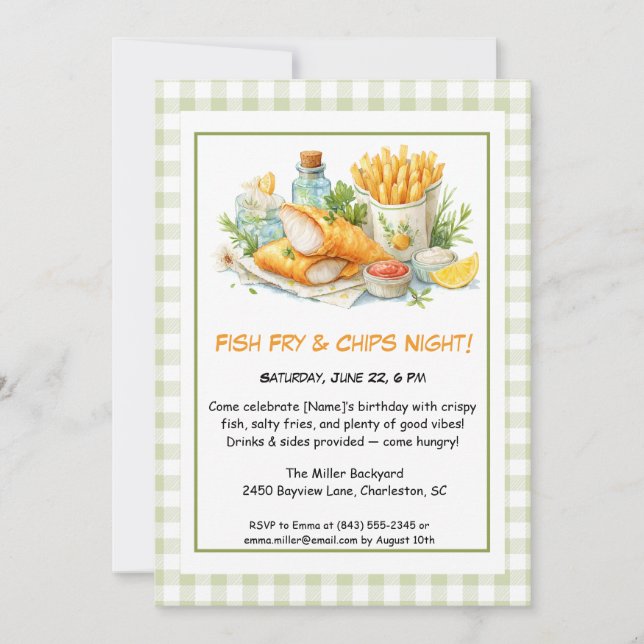 Invitación Casual Seafood - Fish Fry & Chips Birthday  Invita (Anverso)
