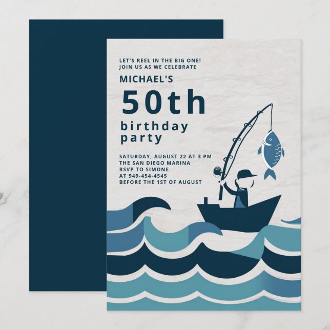Invitación Casuales Elegantes de Reel Bote de Pesca 50 cumple (Anverso / Reverso)