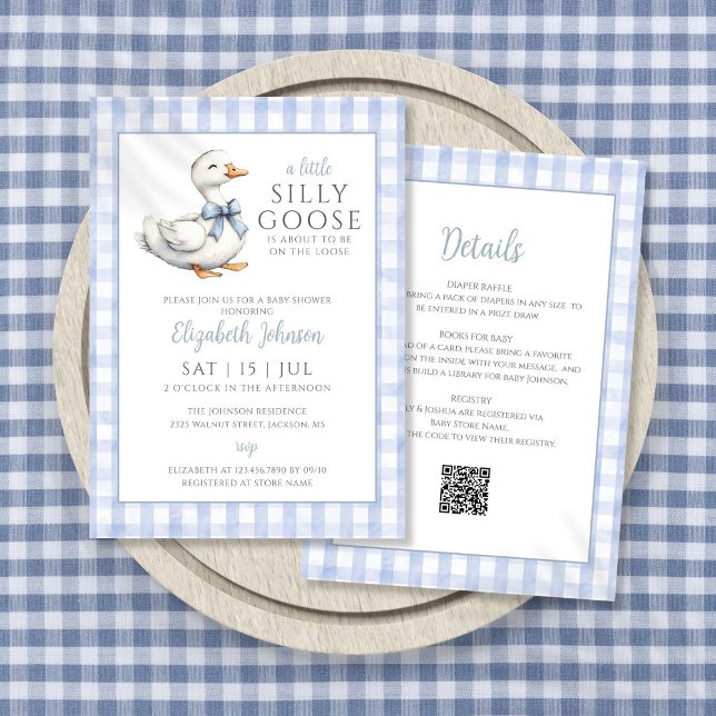 Invitación Casualmente Goose Blue Boy Baby Shower Todo En Uno (Silly Goose Blue Boy Baby Shower All In One Invitation)