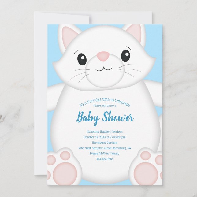 Invitación Cat Baby Shower Kitty Blue Boy (Anverso)