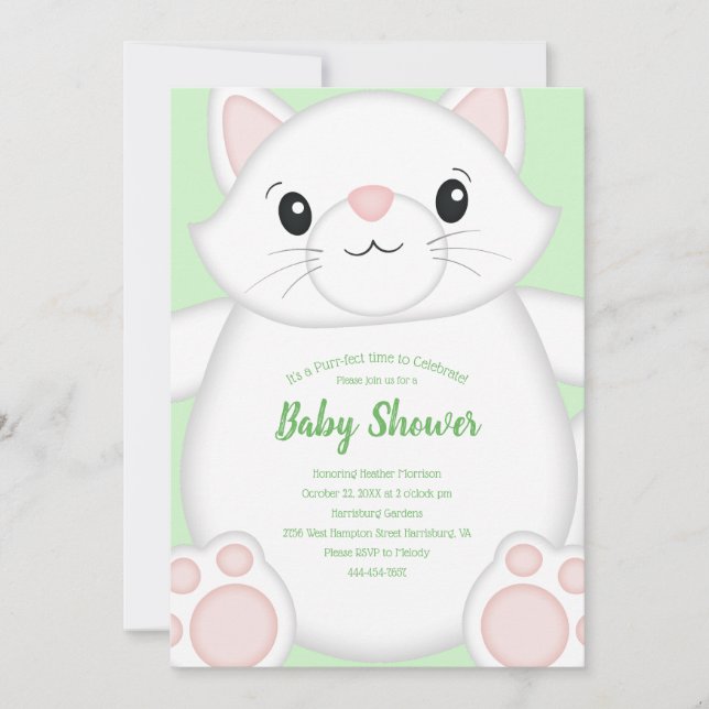 Invitación Cat Baby Shower Kitty Green (Anverso)