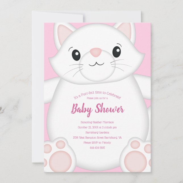 Invitación Cat Baby Shower Kitty Pink (Anverso)