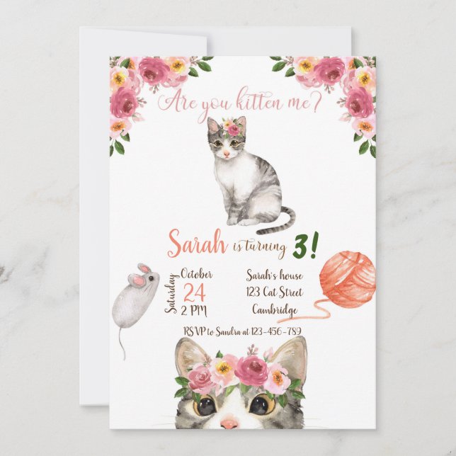 Invitación Cat Birthday Invitation, Cat Invitation, Kitty (Anverso)
