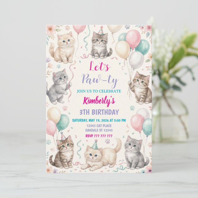 Invitación Cat Birthday Invitation Kitten Party Pawty Girl (Anverso de pie)