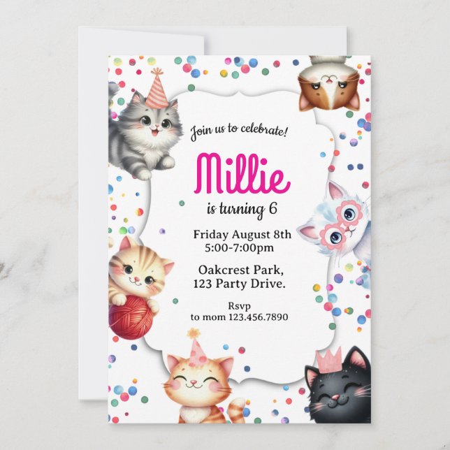Invitación cat birthday invitation, kitty party invite (Anverso)