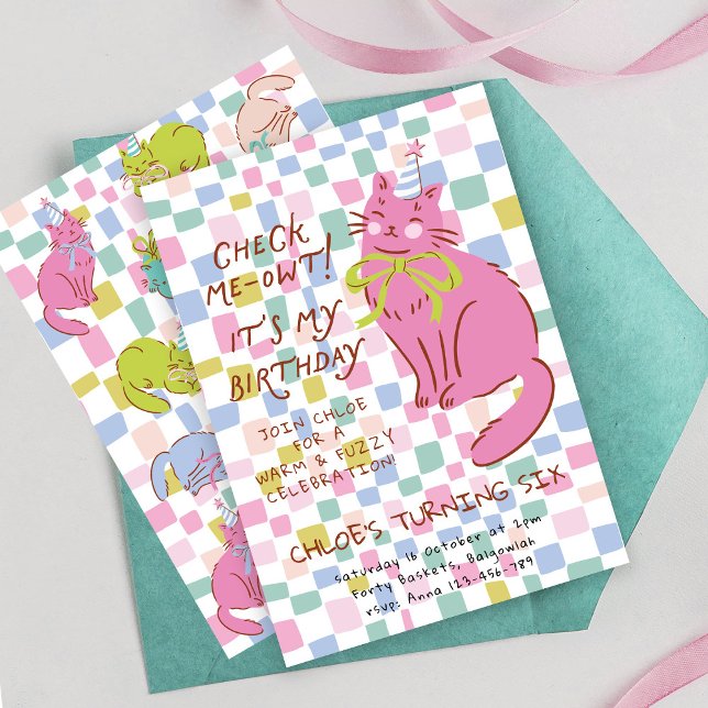 Invitación Cat Birthday Invite, Girls Party Invite, Retro Cat (Subido por el creador)