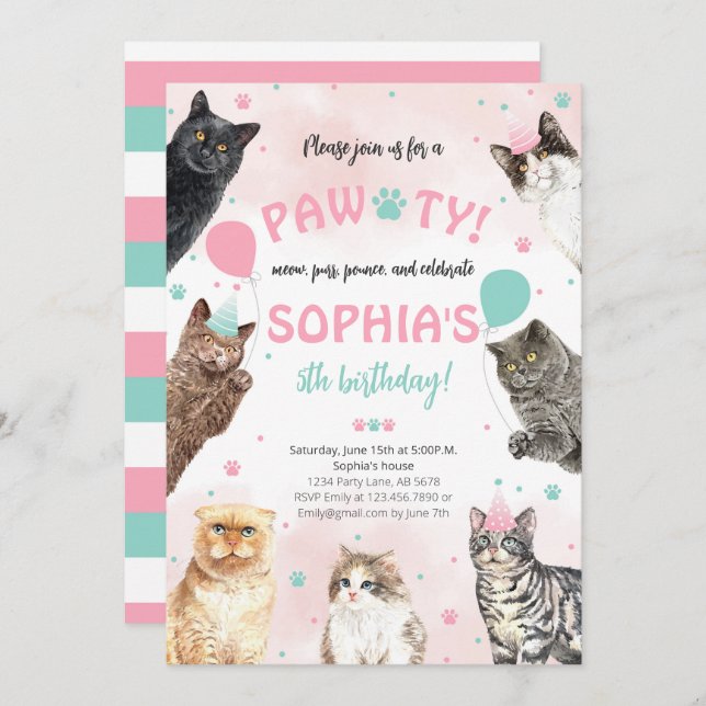 Invitación Cat Birthday Pawty (Anverso / Reverso)