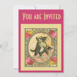 Invitación Cat Bride and Groom Wedding Invitation pink yellow