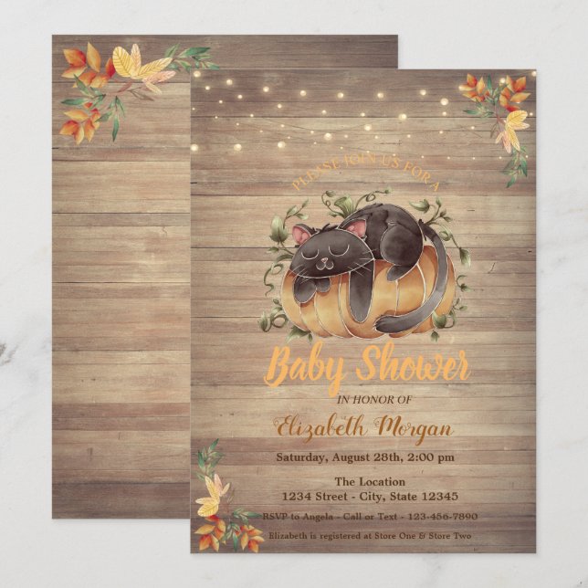 Invitación Cat,Calabaza,Luces de cadena,Baby Shower de textur (Anverso / Reverso)