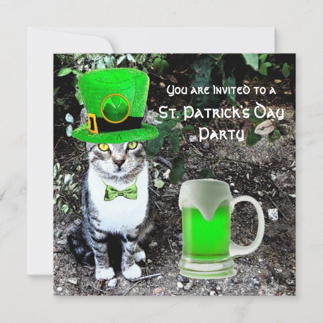 INVITACIÓN CAT CON CERVEZA IRLANDESA VERDE FIESTA DEL DÍA DE  (Anverso)