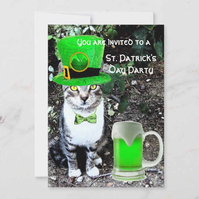 INVITACIÓN CAT CON CERVEZA IRLANDESA VERDE FIESTA DEL DÍA DE  (Anverso)