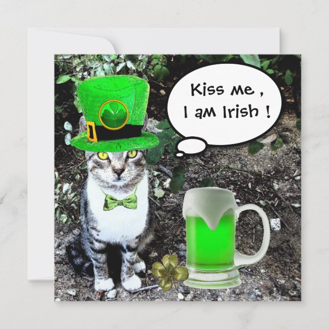 INVITACIÓN CAT CON CERVEZA IRLANDESA VERDE FIESTA DEL DÍA DE  (Anverso)