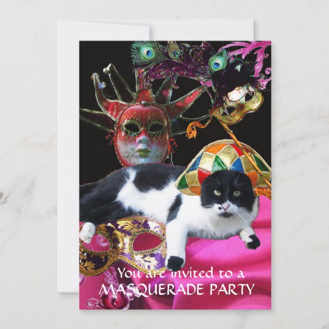 INVITACIÓN CAT CON MÁSCARAS DE GORRA DE HARLEQUINA Y FIESTA D (Anverso)