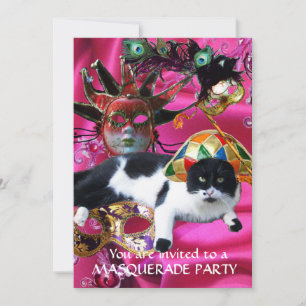 INVITACIÓN CAT CON MÁSCARAS DE GORRA DE HARLEQUINA Y FIESTA D