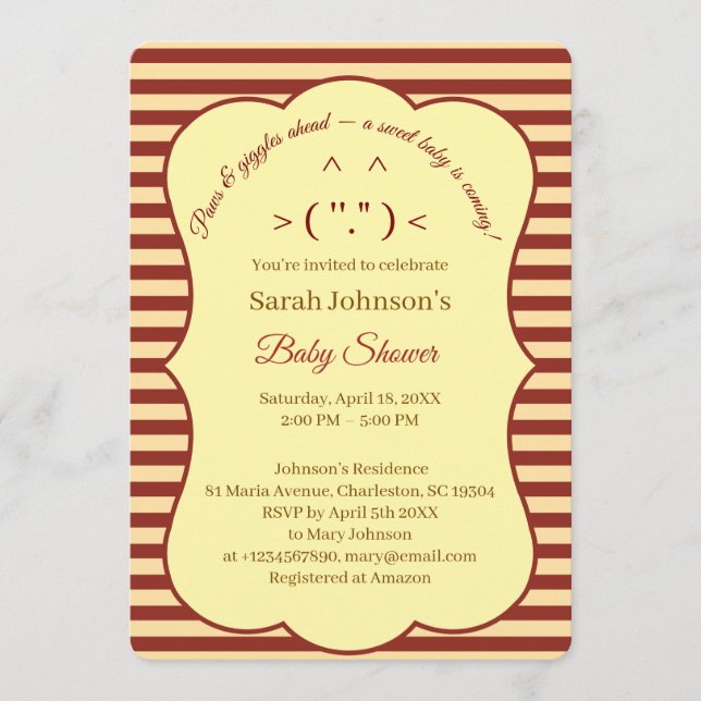 Invitación Cat Cream Burgundy Stripes Baby Shower  (Anverso)