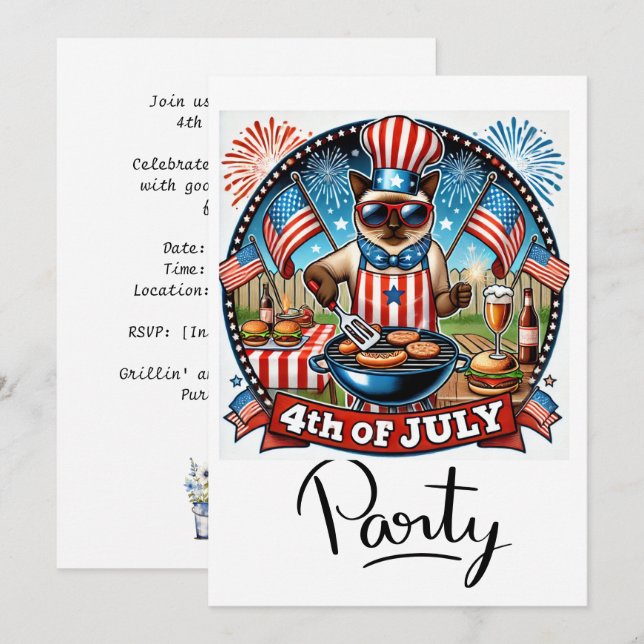 Invitación CAT Fiesta de Barbacoa 4 de julio Día de la Indepe (Anverso / Reverso)