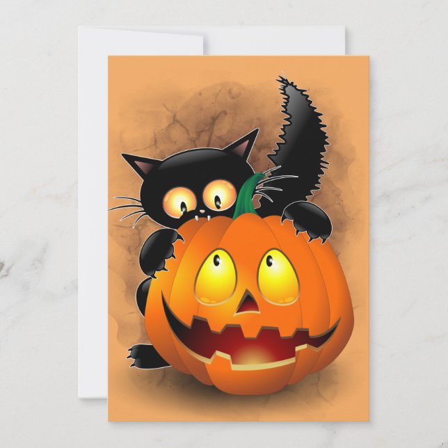 Invitación Cat Fun Halloween Character biting a Pumpkin   (Anverso)