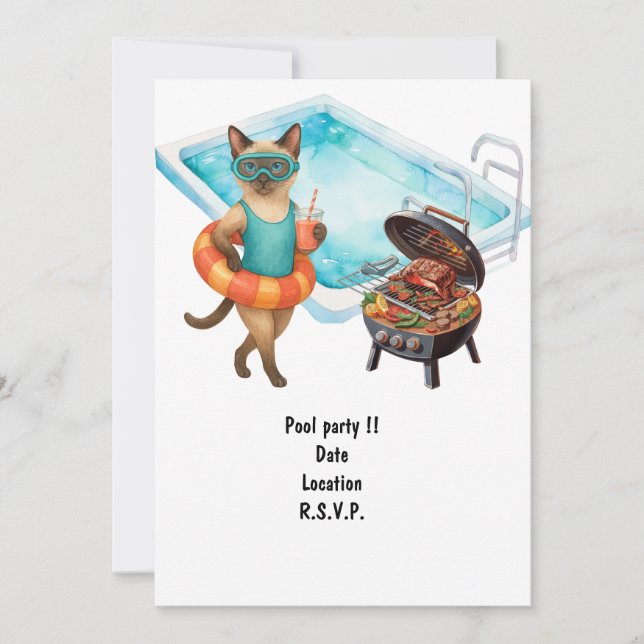 Invitación Cat is at the pool for pool party (Anverso)