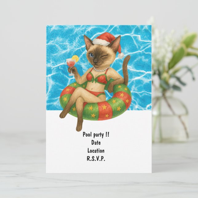 Invitación Cat is at the pool for pool party (Anverso de pie)
