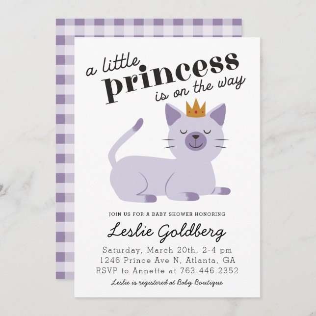 Invitación Cat Princess Baby Shower Purple (Anverso / Reverso)