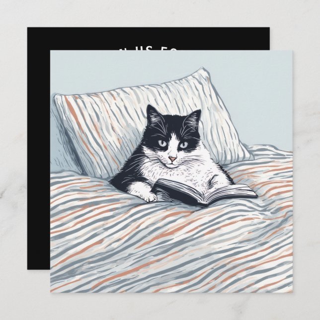 Invitación cat reading in bed (Anverso / Reverso)