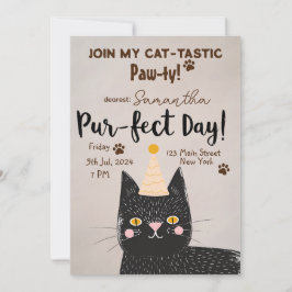 Invitación ¡Cat-Tastic Paw-ty! Cumpleaños perfecto - Gato neg