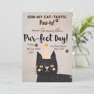 Invitación ¡Cat-Tastic Paw-ty! Cumpleaños perfecto - Gato neg