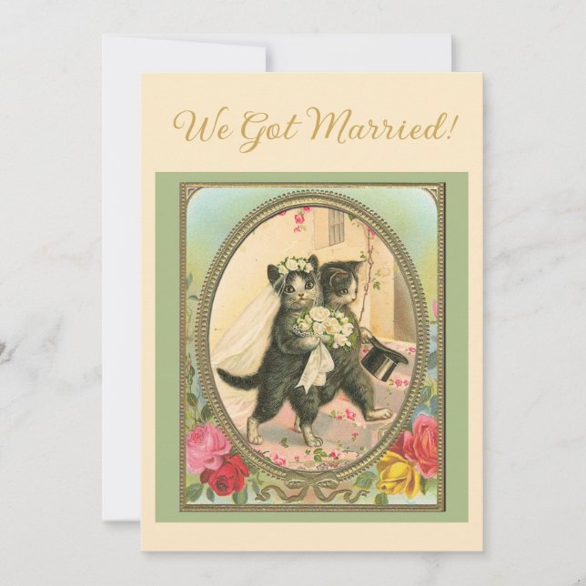Invitación Cat Themed Wedding announcement Ivory and green (Anverso)