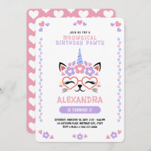 Cat Unicorn Corazones Pink Purple Blue Birday Part