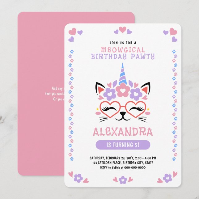 Invitación Cat Unicorn Pink Purple Blue Birday Party (Anverso / Reverso)