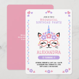 Invitación Cat Unicorn Pink Purple Blue Birday Party