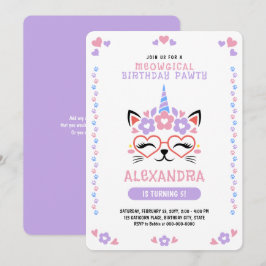 Invitación Cat Unicorn Púrpura Pink Blue Birday Party